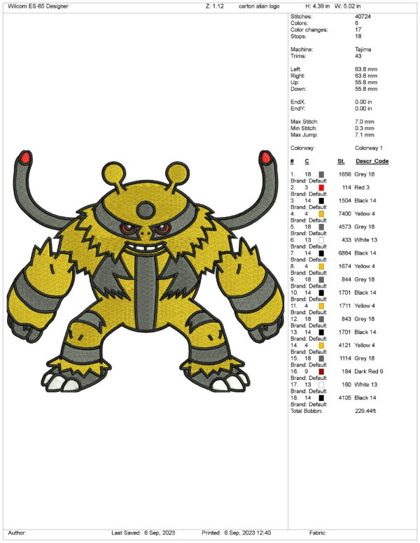 Electivire Cartoon Embroidery Design