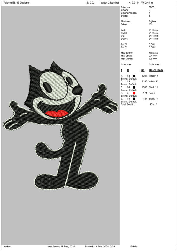 Felix the Cat Embroidery Design