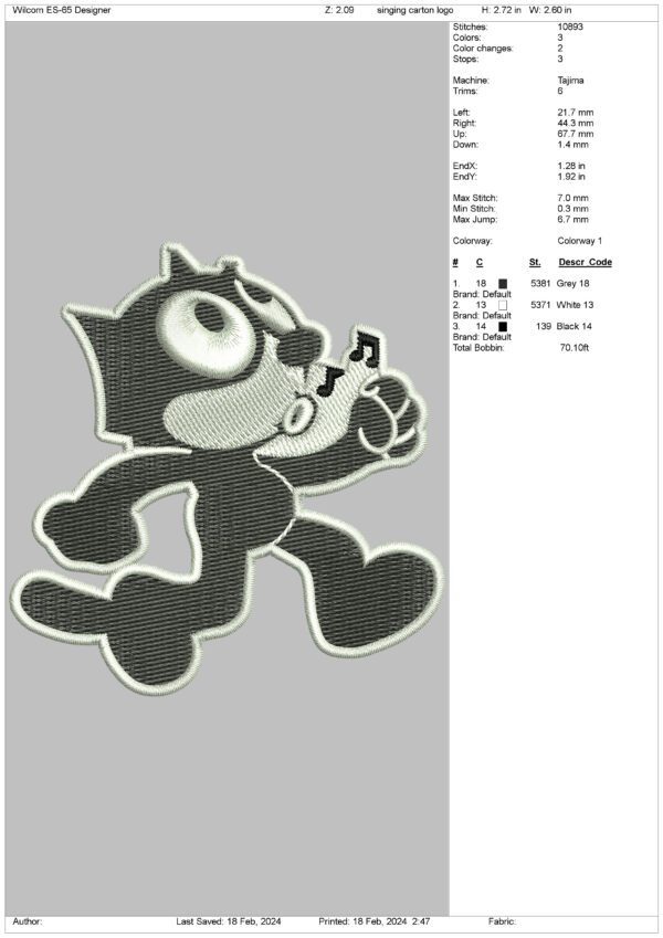 Felix the Cat Singing Embroidery Design