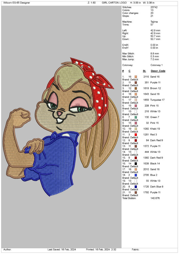 Lola Bunny Cartoon Embroidery Design